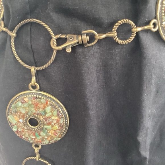 Vintage Arty, Lagenlook, Boho, Brass Backed Pebble Adorned Disc Chain Belt EUC main image 6